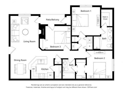 Floor plan for 3 beds, 2 baths, 1414 sqft